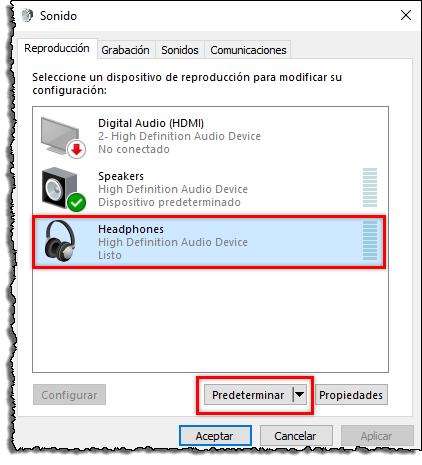 Seleccionar headset y clic en Predeterminar.