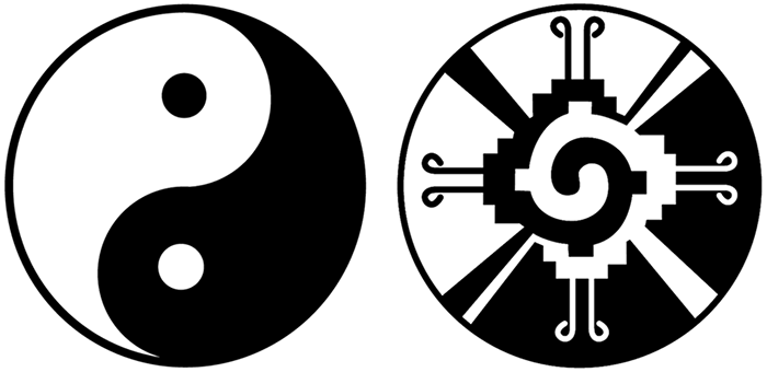 Símbolo chino para la polaridad (izquierda) y símbolo maya para la polaridad (derecha).
